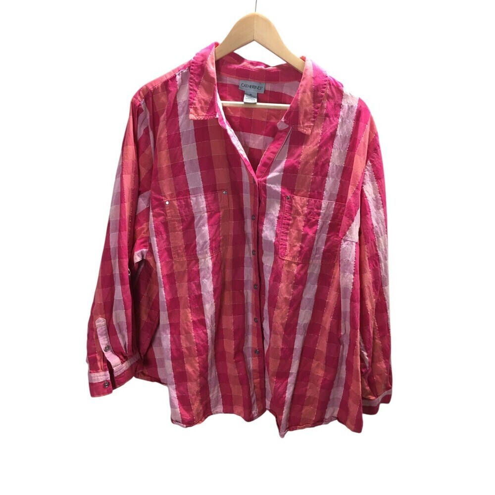 Catherines Top Women's Size 3X Pink Plaid 100% Cotton Button Up Metallic Stripes